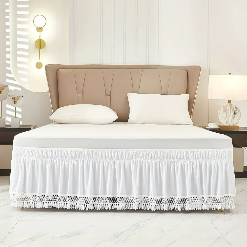 Gonna da letto con nappe elastiche 1PC gonna da letto morbida e confortevole avvolgente resistente allo sbiadimento gonne da letto in tinta unita