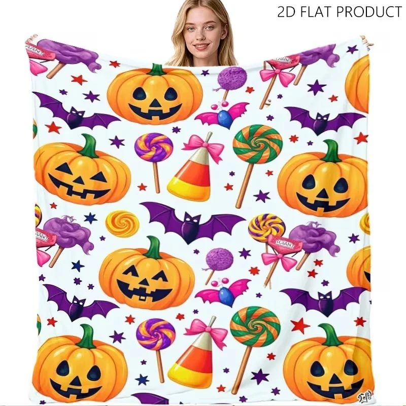 Cartoon Pumpkin Bat Candy Lollipop Halloween Throw Blanket,White Background Festive Print Soft Couch Bed Cover Blanket