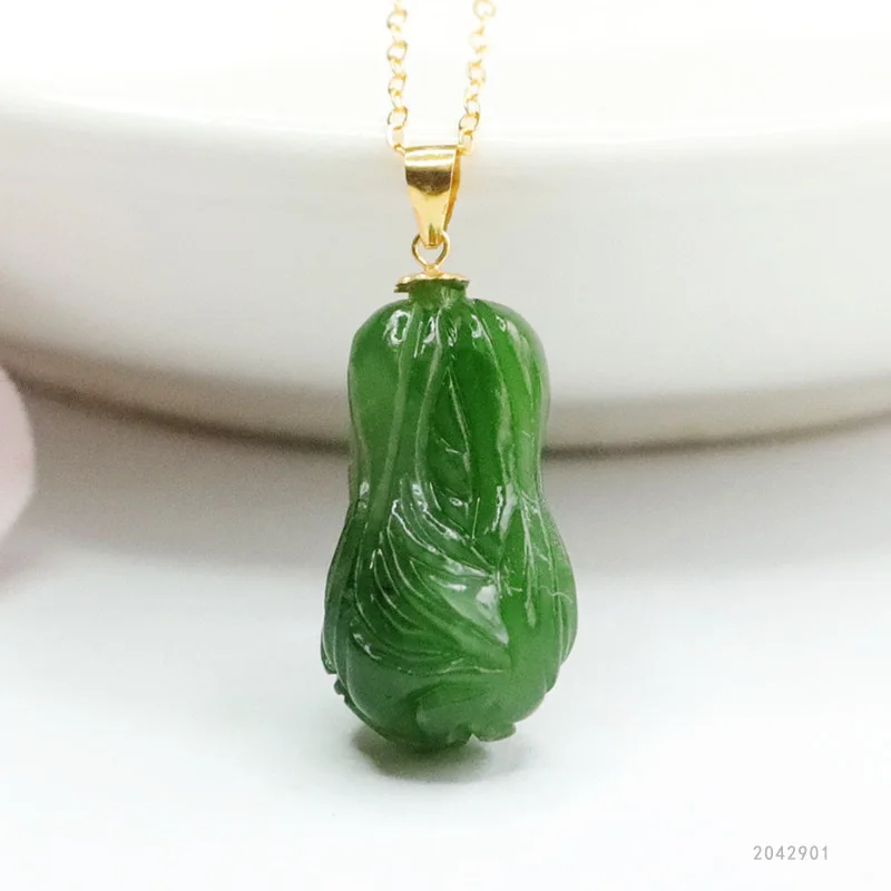 

18K Gold Spinach Green Hetian Jade Pendant Lucky Charm Necklace 2042901