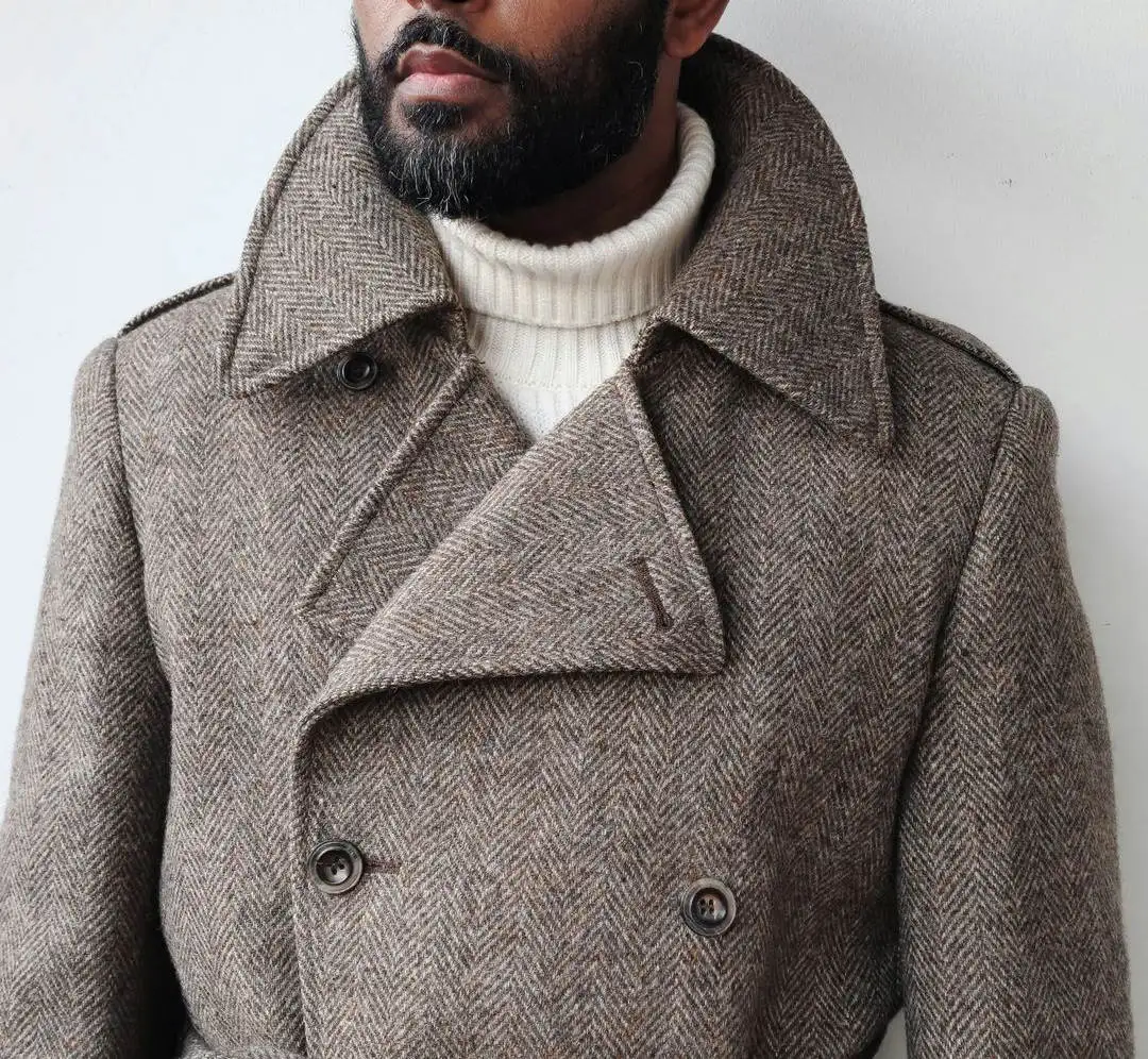 Handsome Thick Long Overcoat Herringbone With Belt Double Breasted Woolen Blends Business Work Customized Coat