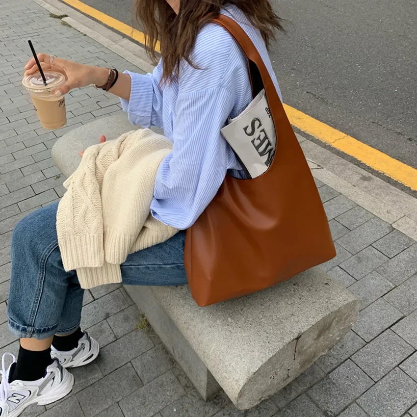 Bolso de hombro informal de cuero PU para mujer, bolso de compras femenino, bolso de mano de cuero suave, bolso de mano de alta capacidad
