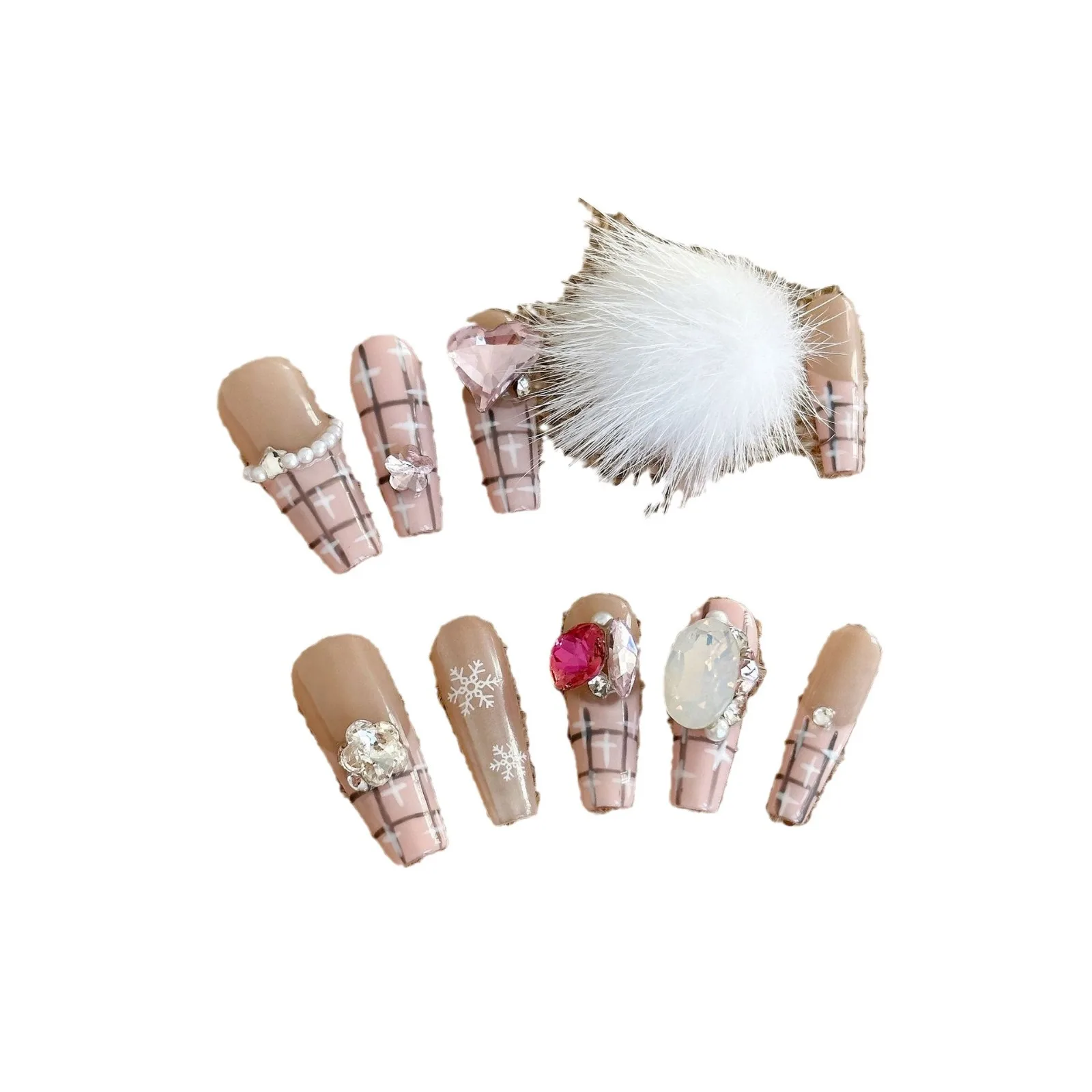 Uniqeue Hand made manicure DIY Custom big shining rhinestone soft feather artificial fingernails beauty handmade press on nails