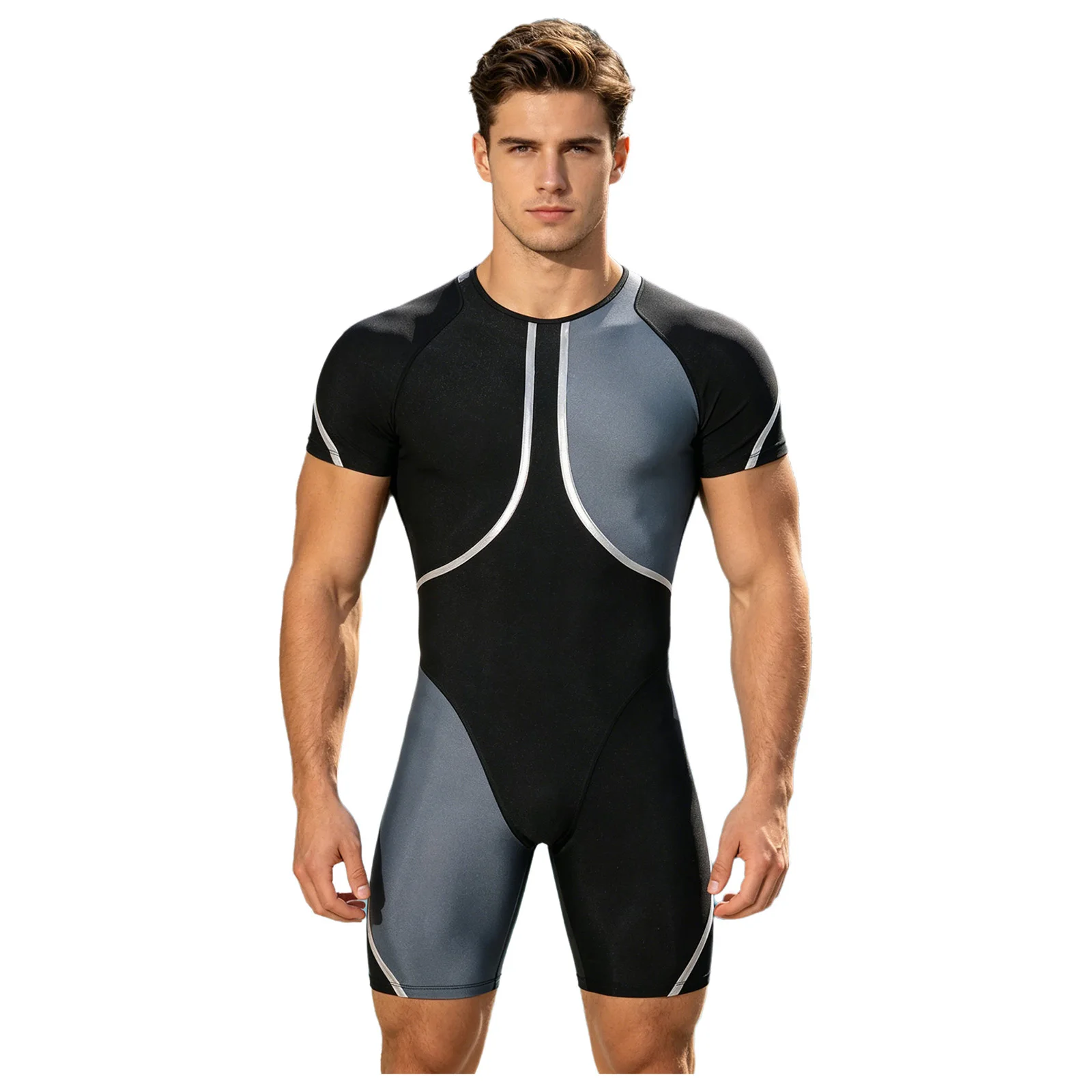 Herren-Einteiler-Rashguard-Tauchanzug, Badeanzug, kurzärmeliger Sport-Bodysuit mit Rückenreißverschluss und metallischem Besatz. – Detail 14