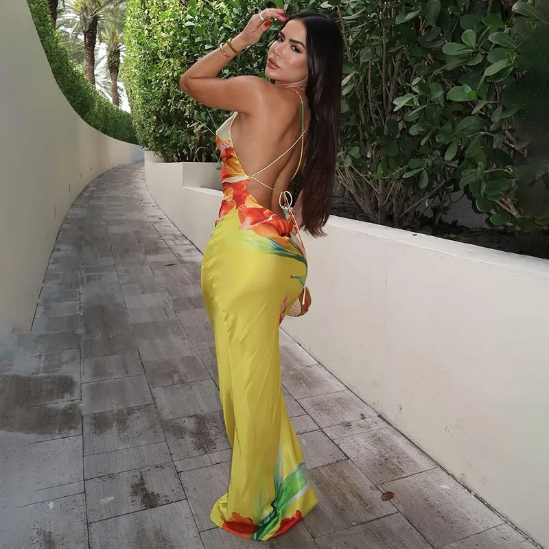 Sister Star Dresses Wholesale Temperament Elegant Collision Color Flowers Printing Neck Swing Collar Slim Package Hip Long Skirt