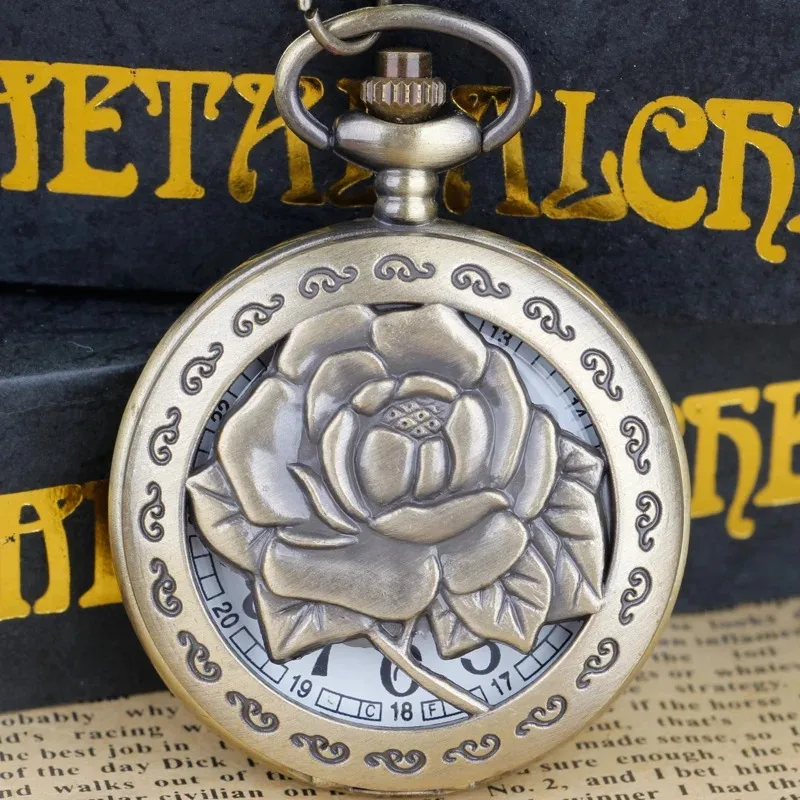 Bronze retro oco rosa flores design quartzo antigo relógio de bolso colar relógio antigo pingente relógios para mulher