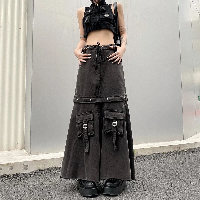 

American Vintage Long Denim Skirt Women Pocket Design High Waist A-Line Skirt Jean Skirts Wash Detachable denim skirt for women