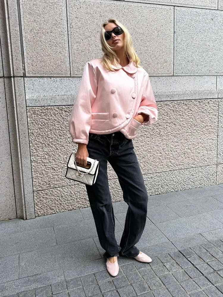 Women's doll-style collar cotton short coat with slanted front opening, double row buttons, puff sleeves, elegant cotton garment