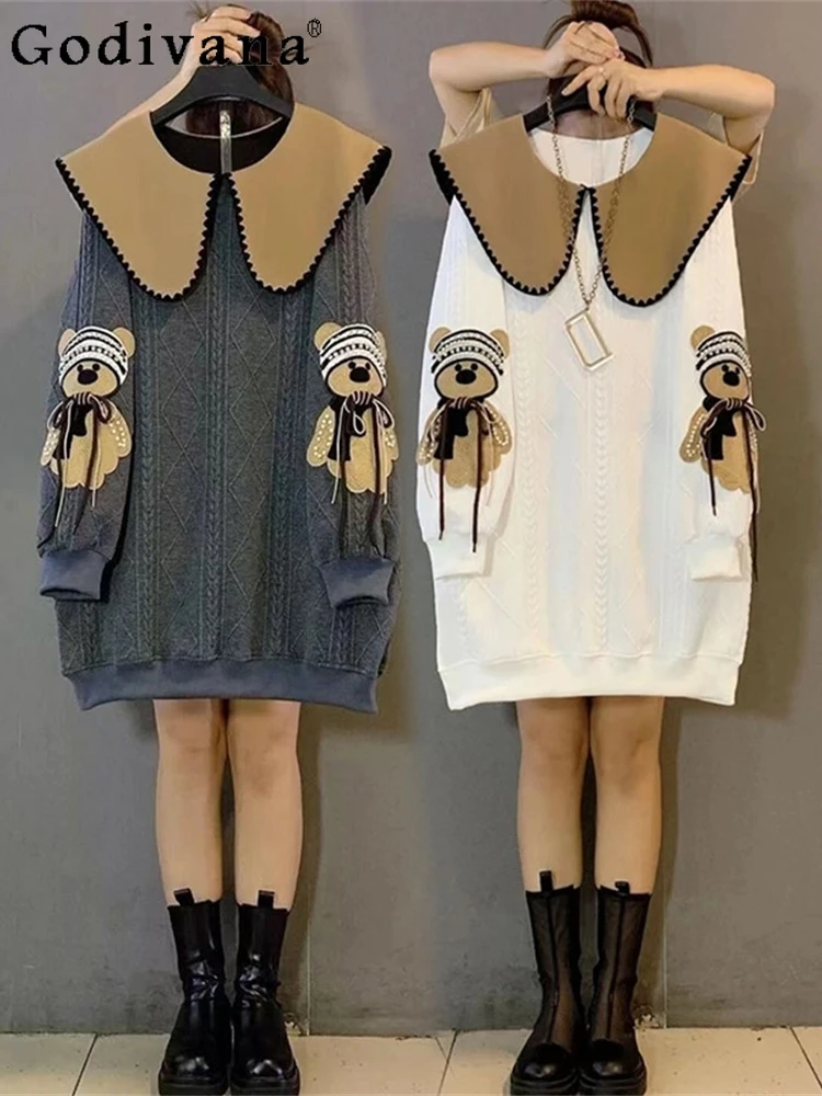 

Autumn Winter Plus Size Girl Fashion Age Reduction Leisure Dresses Sweet Peter Pan Collar Loose Long Sleeve Heavy Industry Dress