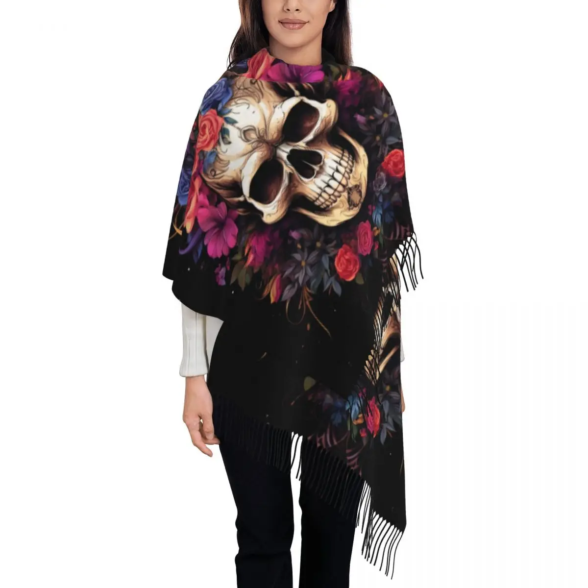 

Custom Boho Skull Tassel Scarf Women Winter Fall Warm Shawls Wraps Female Scarves