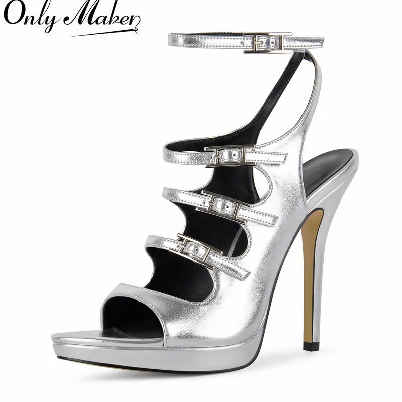 Onlymaker Women Silver Stiletto Sandals Multi Metal Buckle Cutout Upper Ankle Strap Platform Formal Event Women Dress Sandals