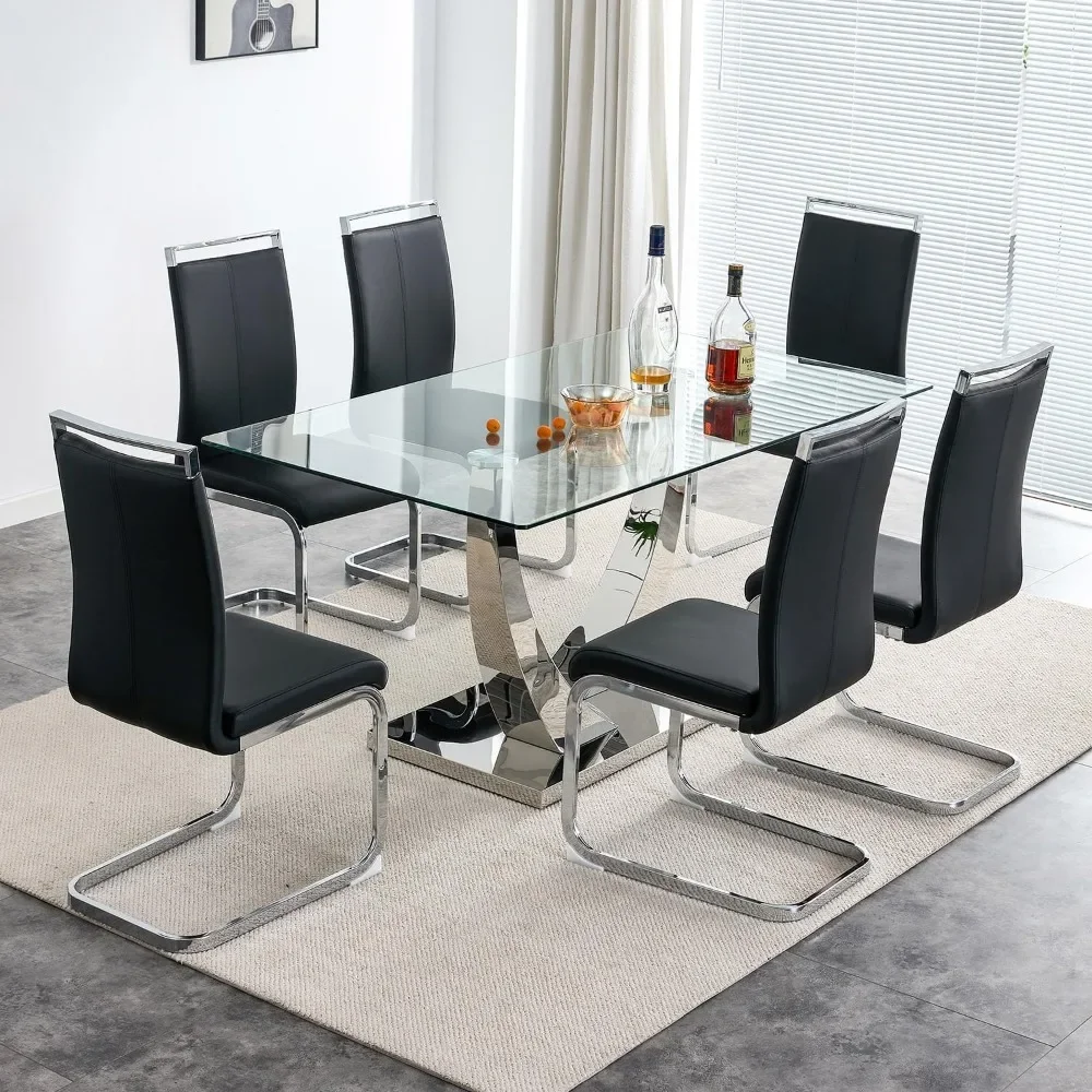 6 Set Minimalist Modern Dining Room Table Set 63” Glass Dining Table, for Kitchen Table and PU Leather Chairs