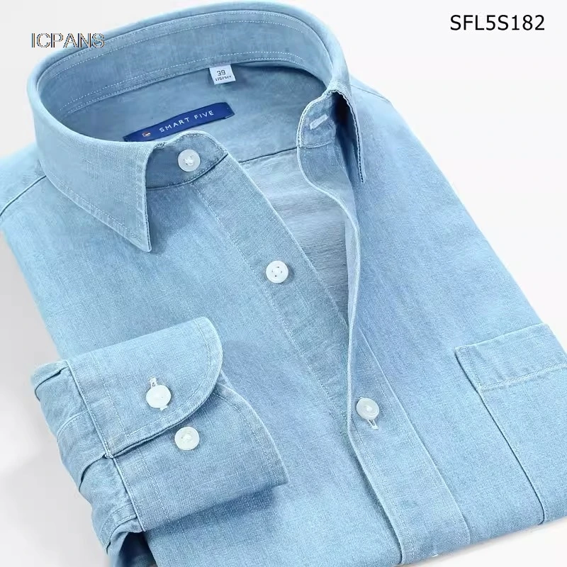 Smart Five Denim Long Sleeve Shirt Cotton For Male Slim Fit  Casual Mens Shirts Light Blue Spring Summer Thin  Camisa