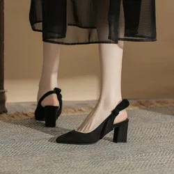 Size 30-44 Pointed Toe Chunky Heel High Heels Plus Size Back Empty Black Suede Shoes For Women Slingbacks