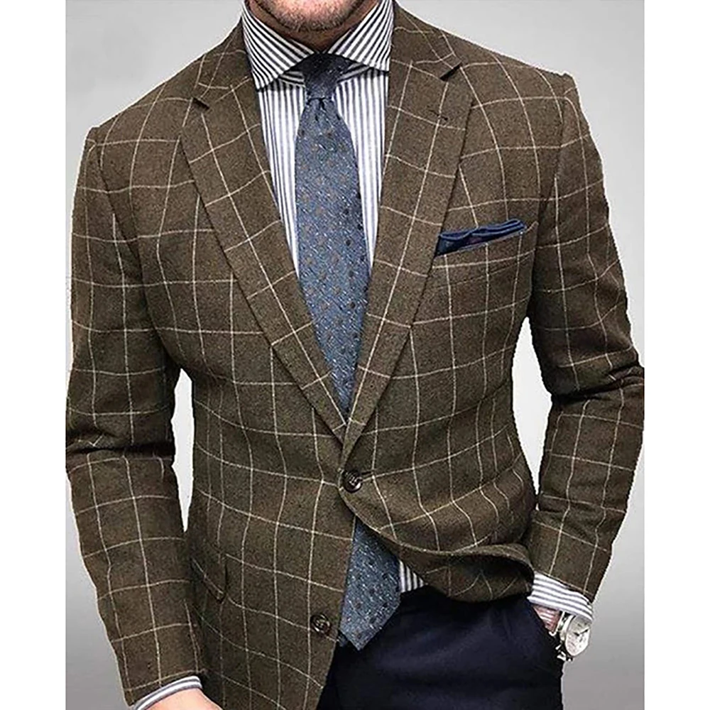 

Men's Brown Plaid Blazer Jacket Business Slim Casual Suit Coat Stylish Lapel Single Breasted Outerwear For Wedding Party Office