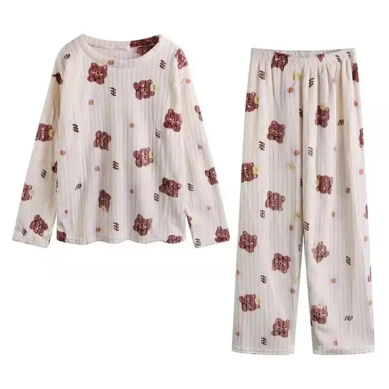 Autumn Winter Warm Flannel Fleecing Women Pyjamas Sets Thick Coral Velvet Long Sleeve Cartoon Sleepwear Thin Flannel Pajamas Set