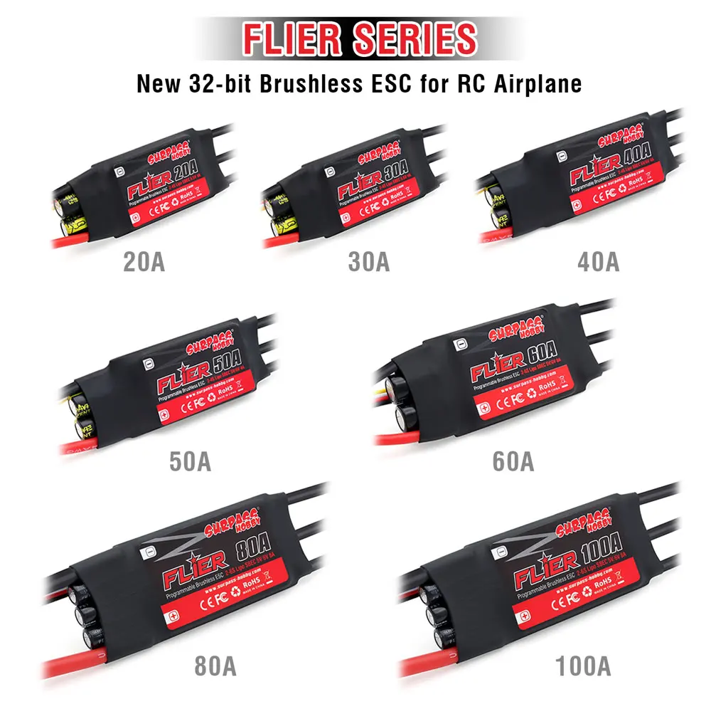 SURPASS HOBBY Flier 20A 30A 40A 50A 60A 80A 100A Brushless ESC Speed Controller with BEC 2-6S for RC Airplanes Helicopter