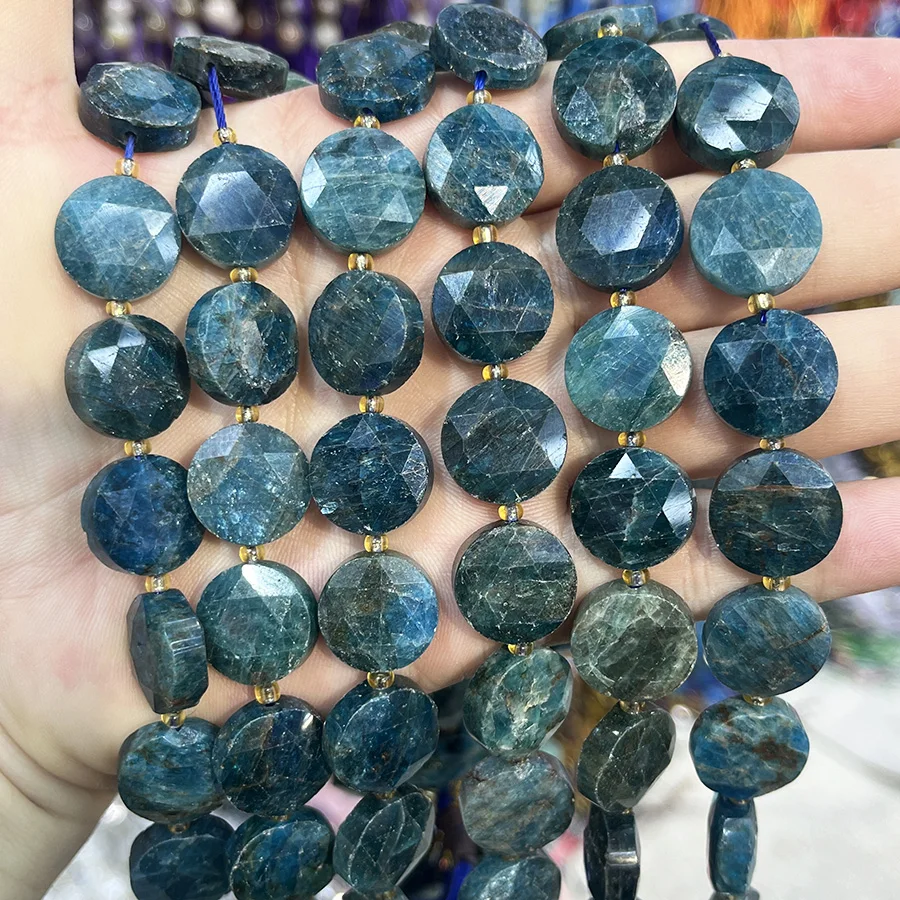 

Natural Stone Blue Apatite Round Cake Shape Faceted Bead Loose Beads For DIY Handmade Bracelet Necklace Accessories 15'15mm