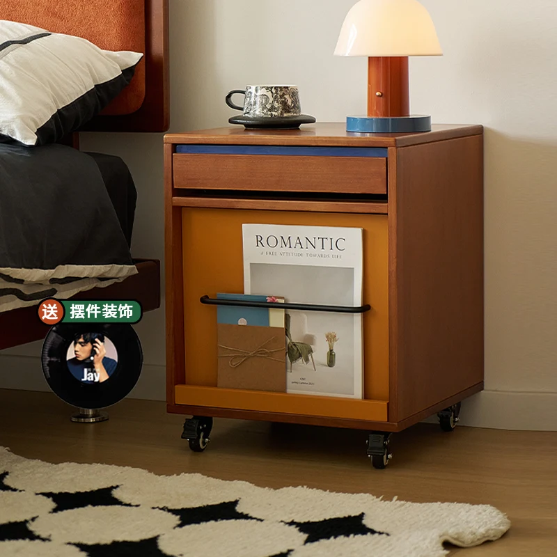 Solid wood antique bedside table, high-end simple bedroom, household integrated storage locker, movable cabinet with wheels