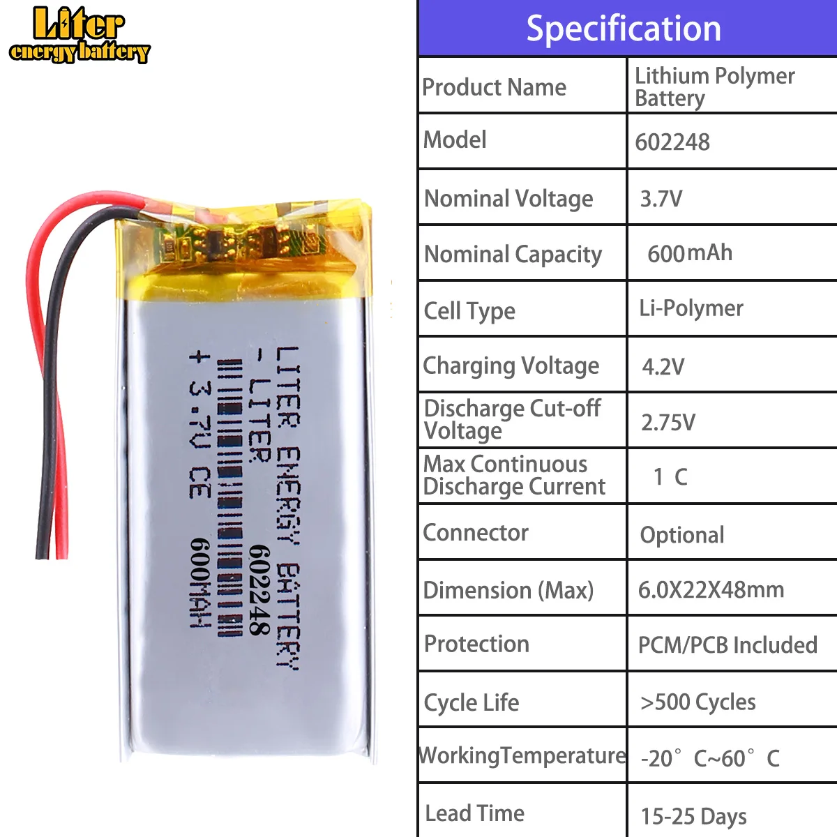 602045 500mah 602248 600mah 602525 400mah 602528 380mah 602530 500mah 3.7V polymer lithium battery