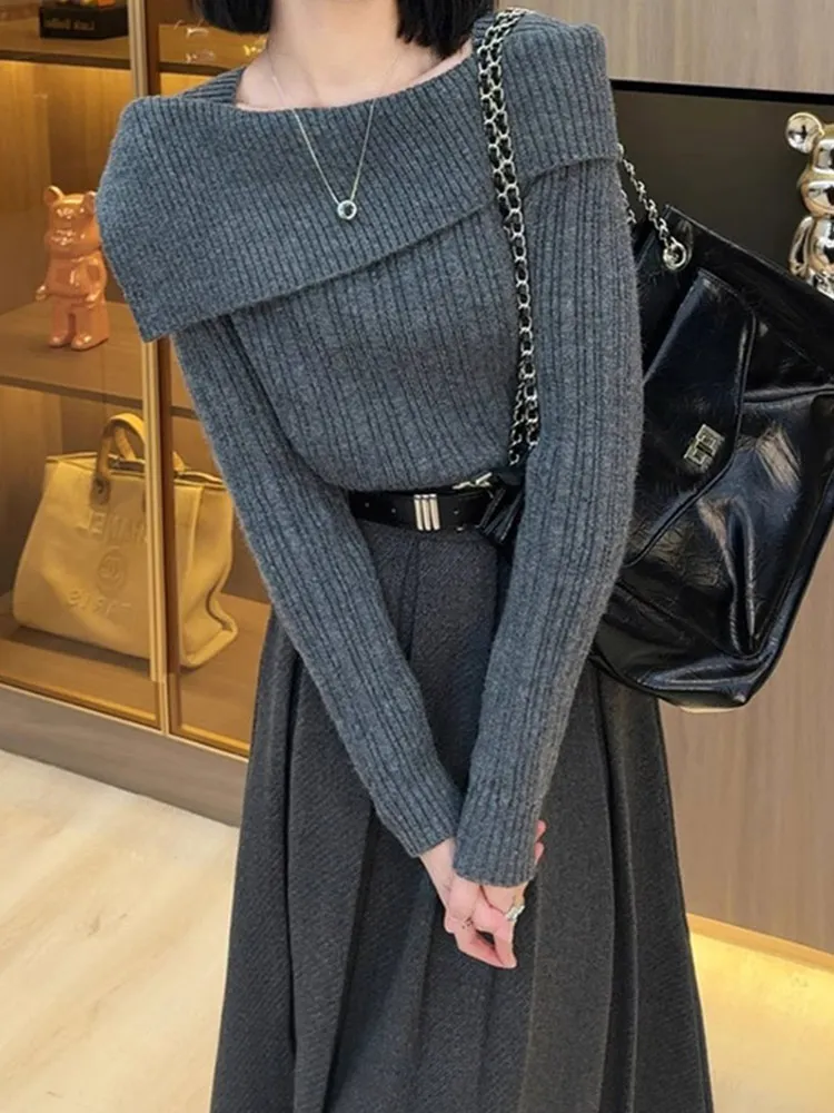 Wygodny sweter z dzianiny w jednolitym kolorze, długi rękaw, asymetryczny krój na jedno ramię, wyszczuplający, nowy, elegancki, do pracy, moda koreańska...