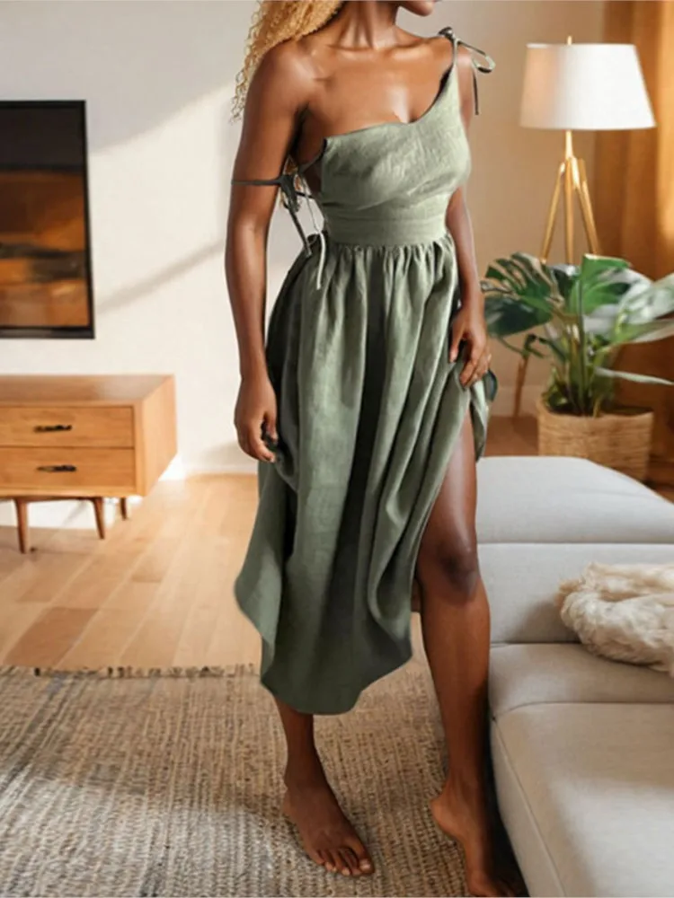 

Women's Backless Elegant Style Sexy V-neck High Waist Fashion Suspender Dress Summer Sleeveless Simple Solid Color Casual Dress