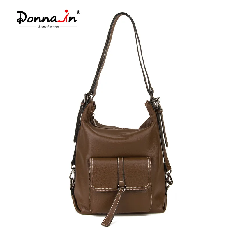 Donna-in Gneuine Mochila feminina de couro de vaca dupla utilização multifuncional bolsa de ombro grande capacidade para viagens e deslocamento