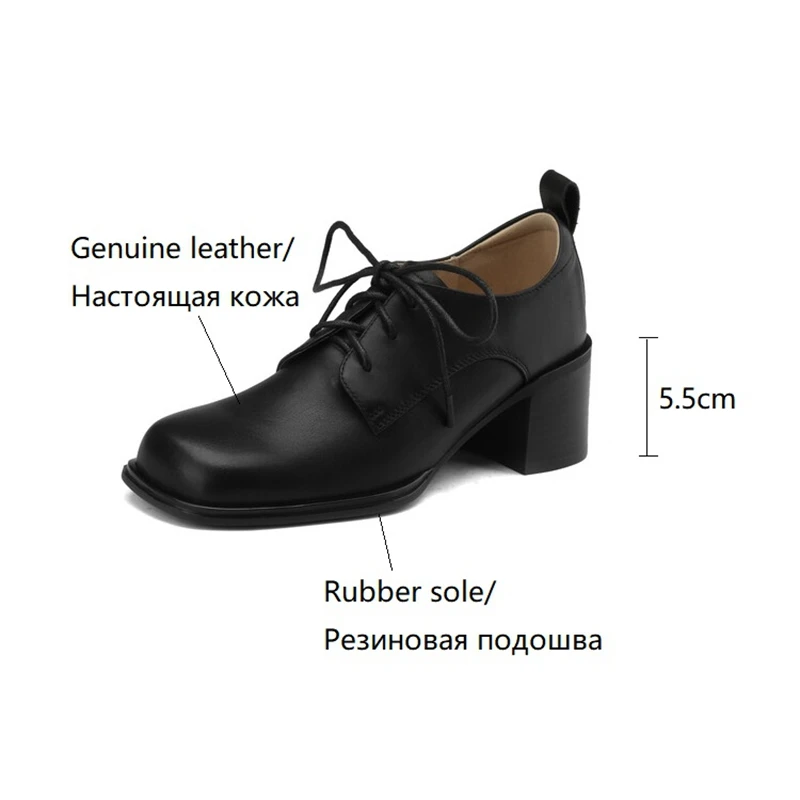 2023 Spring Women Loafers Genuine Leather Shoes for Women Square Toe Chunky Heel Women Shoes Casual Black Lace-up Women Pumps