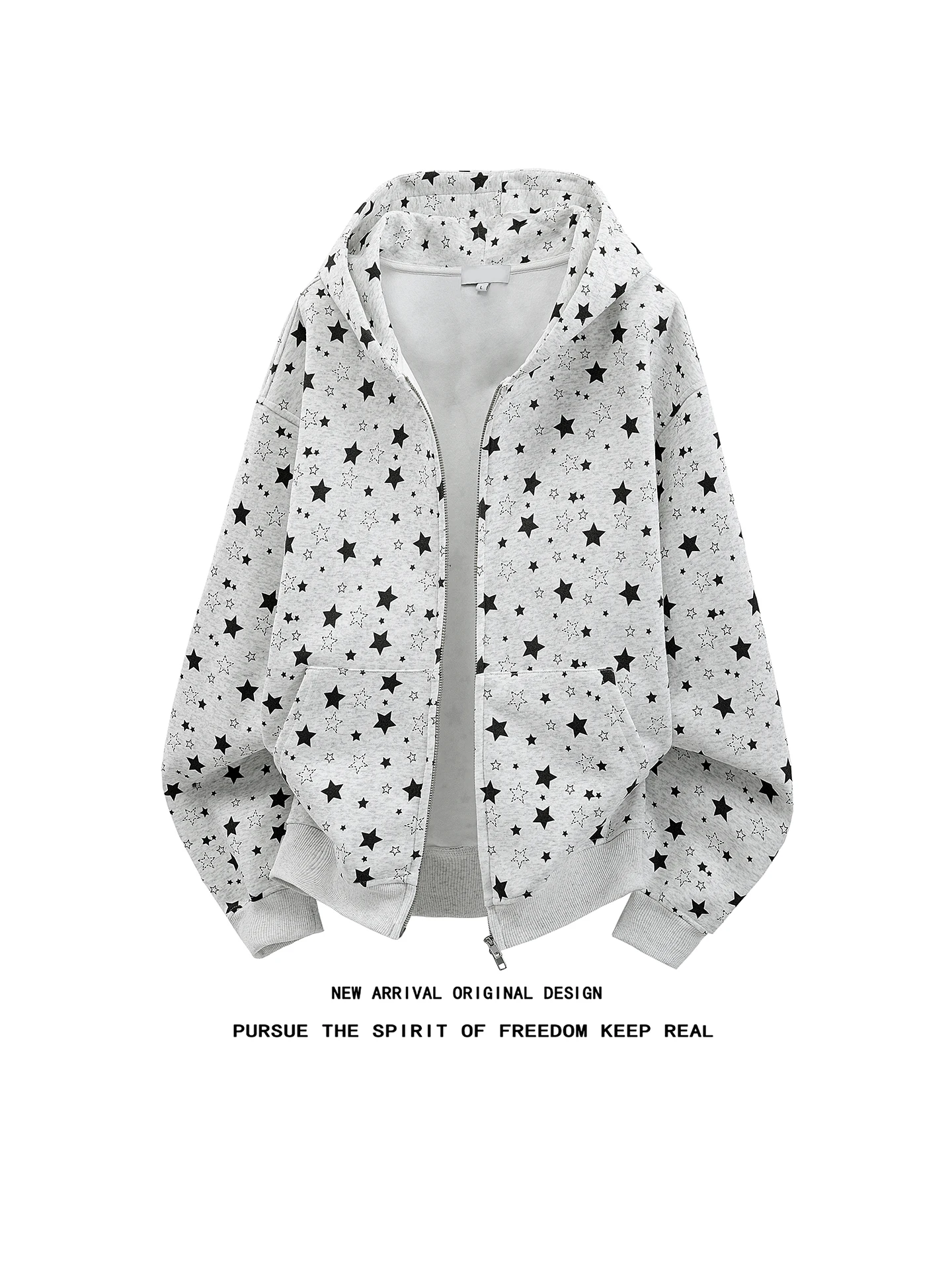 Men's Zipper Hoodie Jacket Loose Fit Star Print Casual Style Millennium Wind Spring Autumn Cleanfit Retro Versatile Commute Top