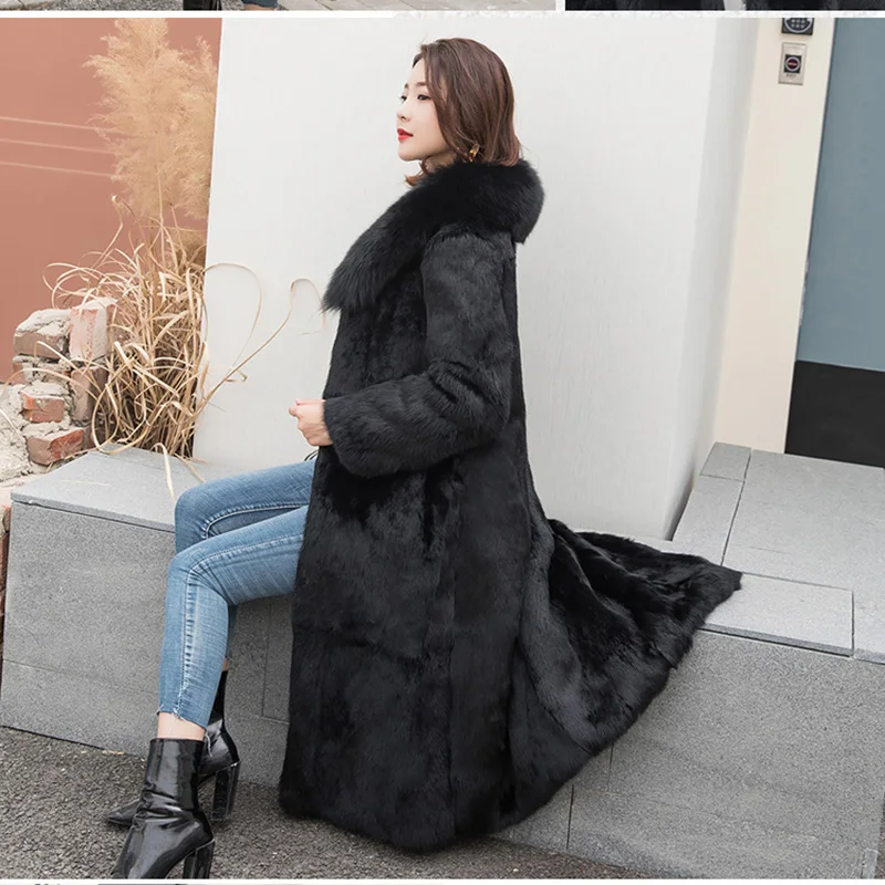 2024 New Long Real Rabbit Fur Coat With Fox Fur collar Winter Warm Thick Genuine Fur Jacket Long Sleeve Outwear