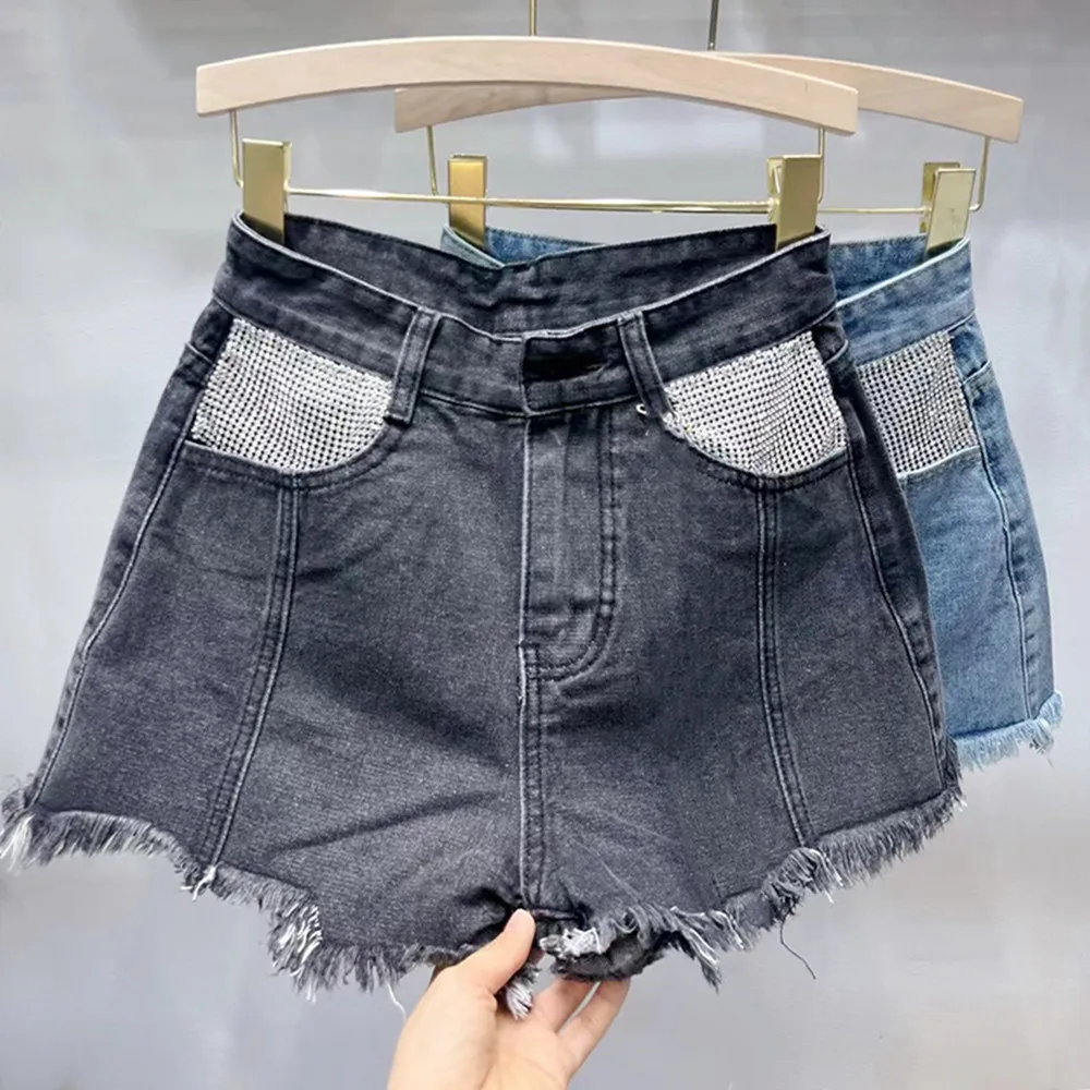 Diamantes, shorts jeans femininos, jeans de cintura alta, buracos soltos, pernas largas, calças finas, moda de rua, verão, 2024