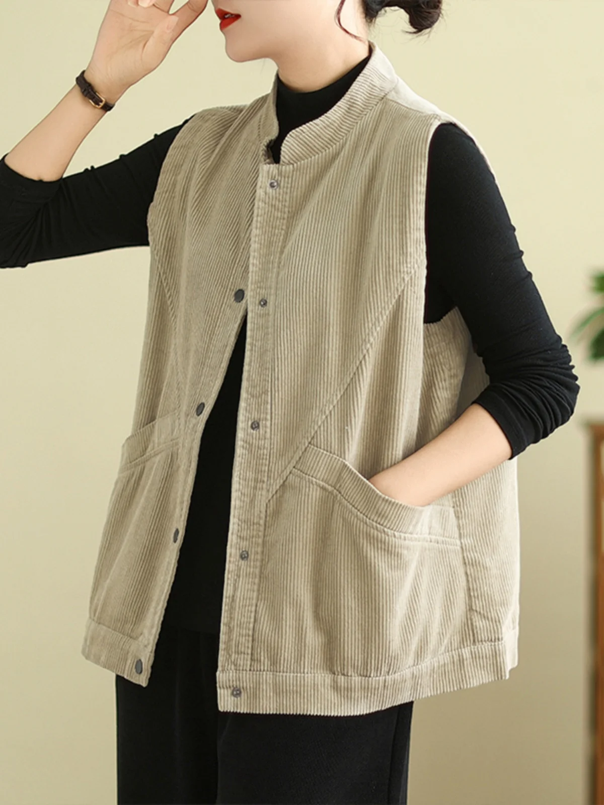 

Retro Corduroy ort Jaet Women's Spring Autumn Large Size Casual Versatile Svel Vest Collar Single Button Cotto...