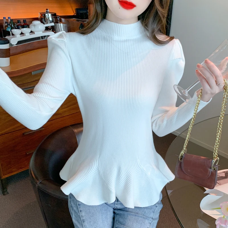 Women Vintage Peplum Hem Sweater Puff Long Sleeve Mock Neck Pullover Autumn Winter Ribbed Knit Tops Solid Cute Elegant Jumper