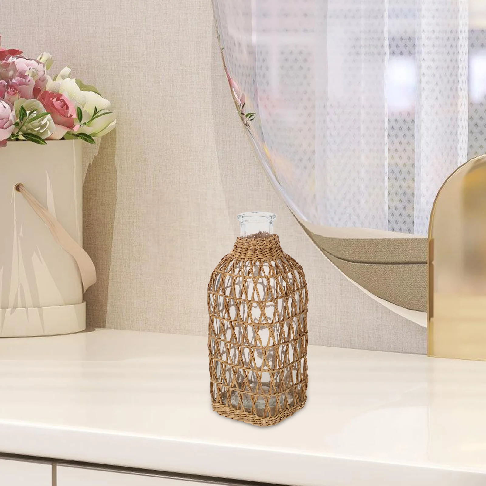 

Flower Bud Vase Glass Bottle Straw Woven Rustic Decorative Vase for Dried Fresh Flowers Home Storage Unusual Vases for Flowers
