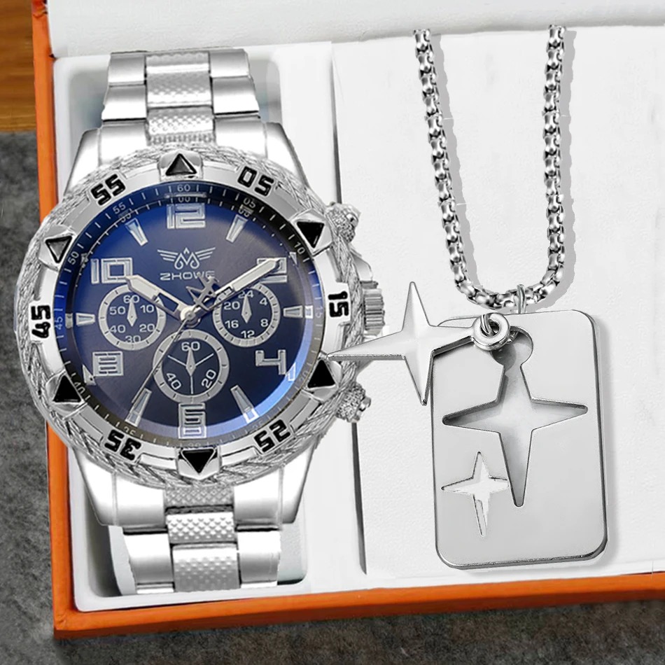 

Мужской комплект часов + ожерелье с крестом, модные повседневные кварцевые часы из нержавеющей стали с тремя циферблатами, подарочный набор для выпускного на день отца