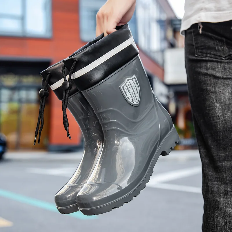 

Mid-calf Rain Boots Men Slip-On Waterproof Rubber Rain Shoes Work Mud Boots Warm Durable Non-Slip Boots Farming Fishing Footwear