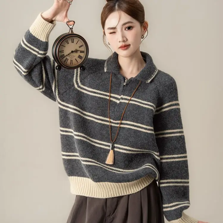 

Striped Contrasting Zipper Sweater Women's Autumn And Winter Korean Version Lapel Lazy Loose Pullover Knitted Top