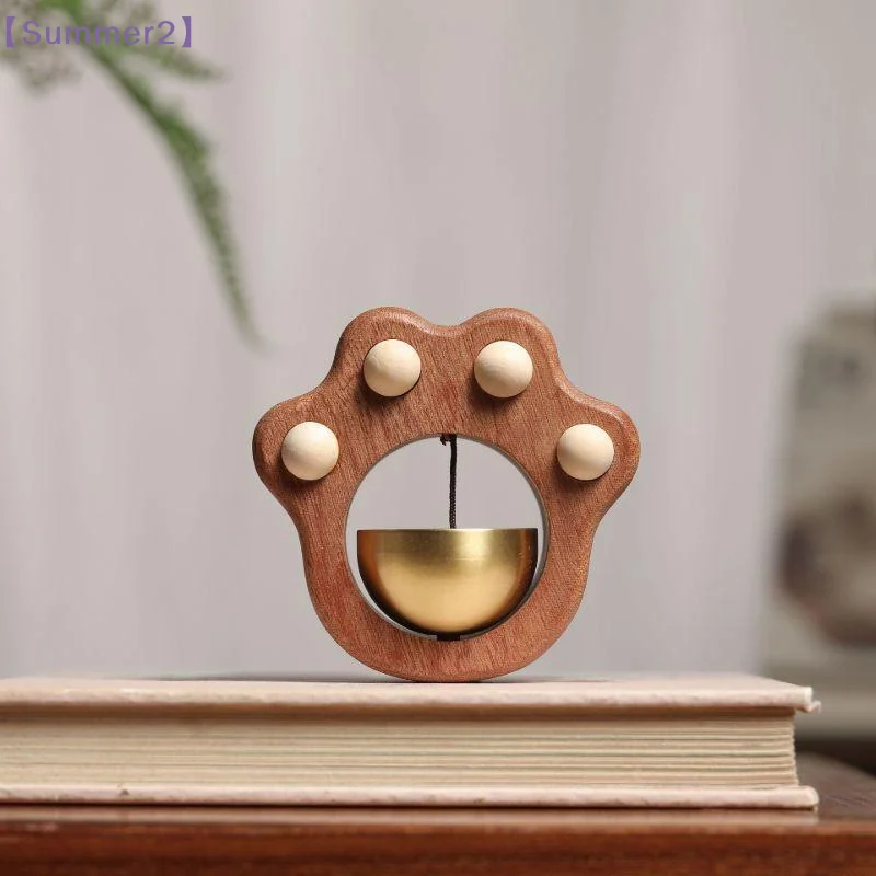 【Xia2】Cute Cat Paw Shaped Wooden Door Chime with Brass Bell Door Opening Reminder Magnetic Copper Bell Home Decoration{S}