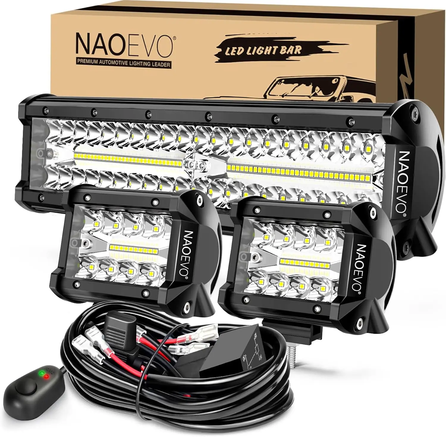 

12-Inch LED Light Bar with 2PCS 4-Inch Pods, 420W 42000LM Spot Flood Combo for Truck ATV Boat