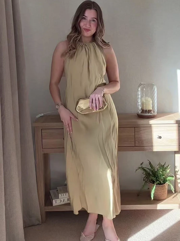 Sexy Damen Neckholder-Kleid mit Schnürung am Rücken, Rückenfreies Abendkleid, Neues Sommerkleid, Einfarbiges Geripptes Plissiertes Langes Kleid, Lässiges Ärmelloses Maxikleid