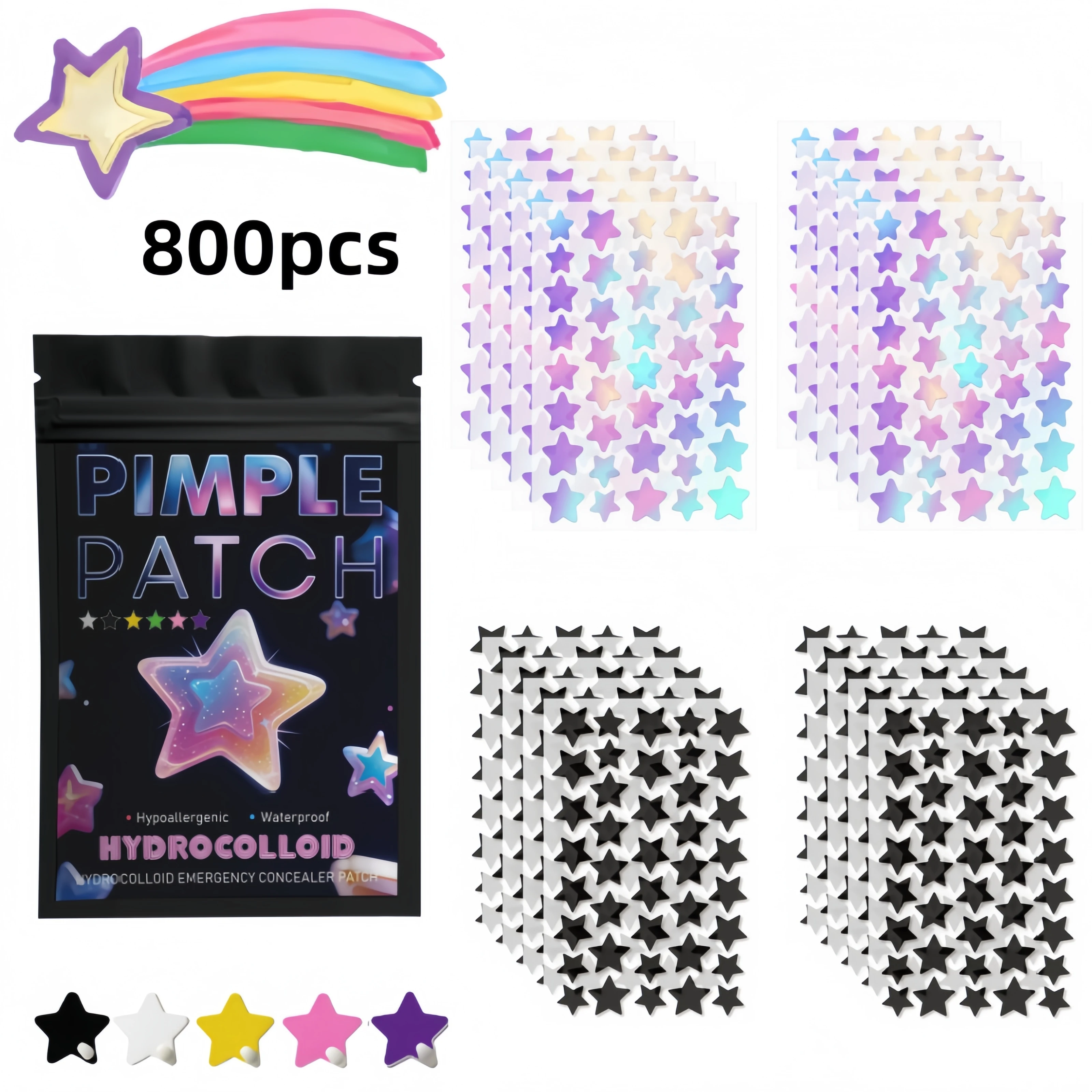 400/800 Adesivos Hidrocoloides Iridescentes e Pretos em Formato de Estrela para Manchas, Tamanhos Variados, para Todos os Tipos de Pele