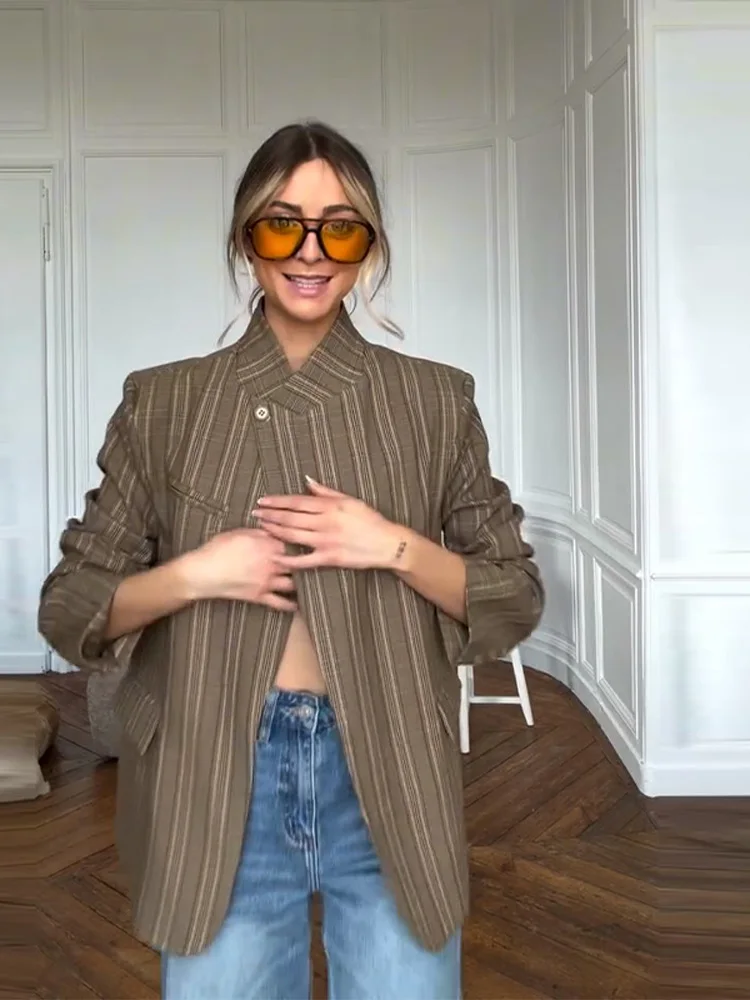 

Vintage Plaid Women's Blazer Coat Stand Neck One Button Pocket Suit Jackets Female 2026 Spring Autumn Commute Daily Outwear New