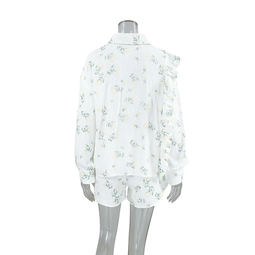 Pure Cotton Printed Ruffled Pajamas Set Soft Comfortable Long-sleeved Shorts 2PCS Women's Pajamas Nightwear