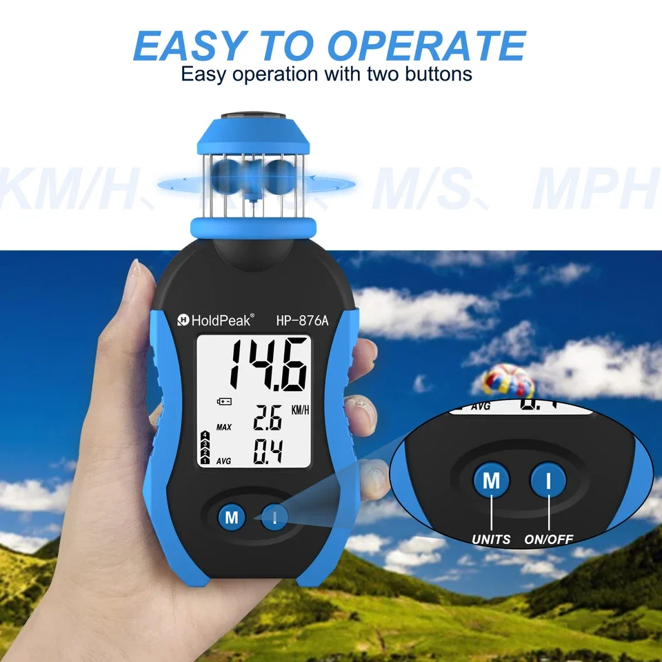 Anemómetro Digital de Mano HoldPeak HP-876A con Brújula, Pantalla LCD de 4 Unidades, Medidor de Velocidad del Viento para HVAC y Exteriores, KMH/KTS/MS/MPH