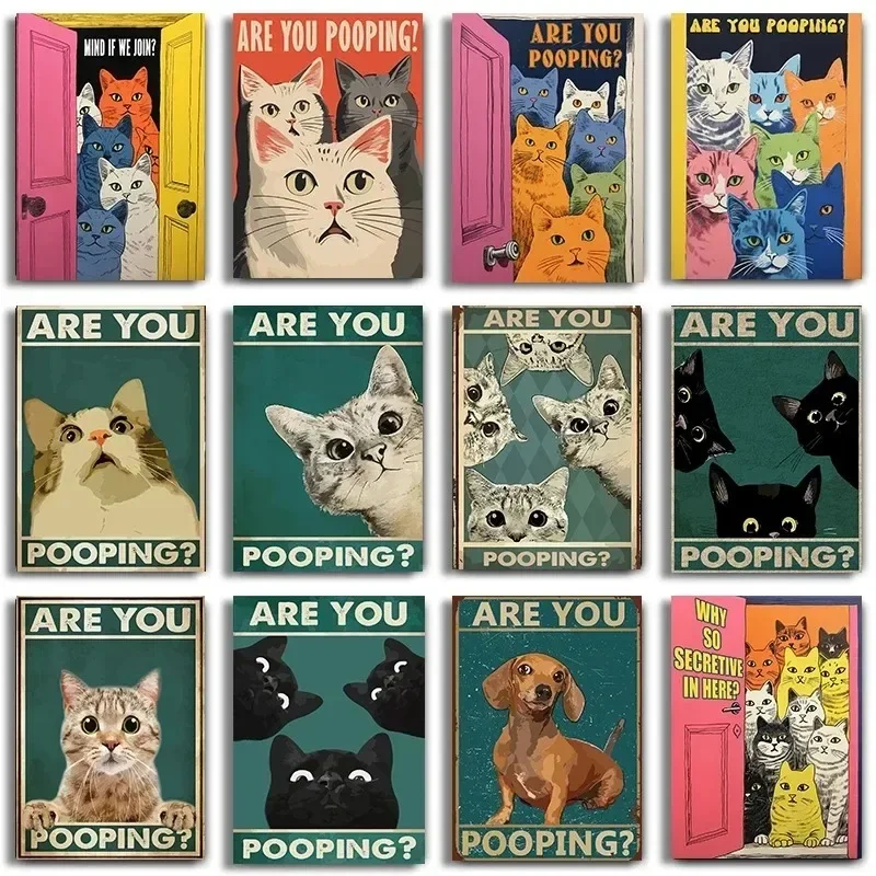 Funny Bathroom Sign Canvas Prints Cute Black Cat Art Are You Pooping Posters Bathroom For Painting Wall Pictures Toilet Decor