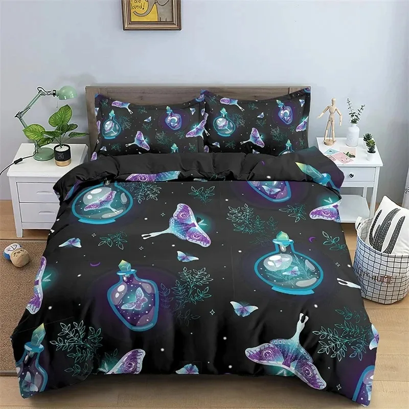 Butterfly Bedding Set Full King Size Hippie Boho Moth Duvet Cover Microfiber Animal Botanical Psychedelic Starry Sky Quilt Cover