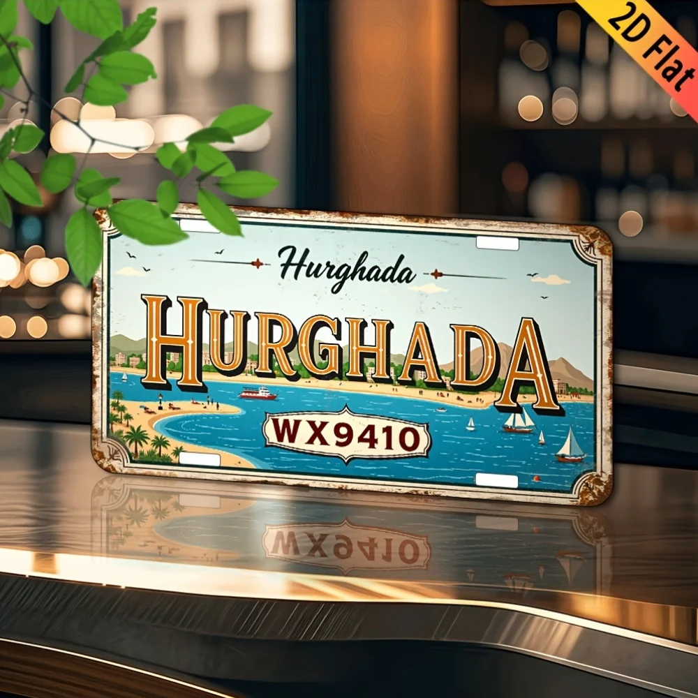 2D Flat, 1pc Egyptian Red Sea Resort Hurghada Plaque Cover with Frame - 12x6 Inch Vintage Metal Frame, Suitable for Home, Cafe,