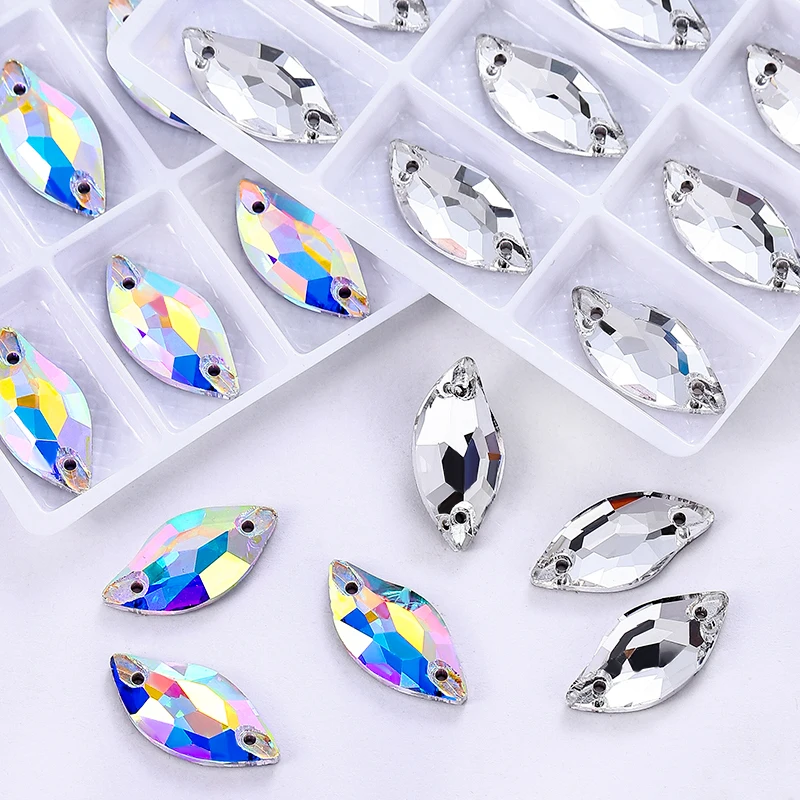 Ducrystal 10*20/14*30mm Blattförmige Glaskristalle AB Klar, zum Aufnähen, flache Rückseite, Strasssteine für Kleidung, Taschen