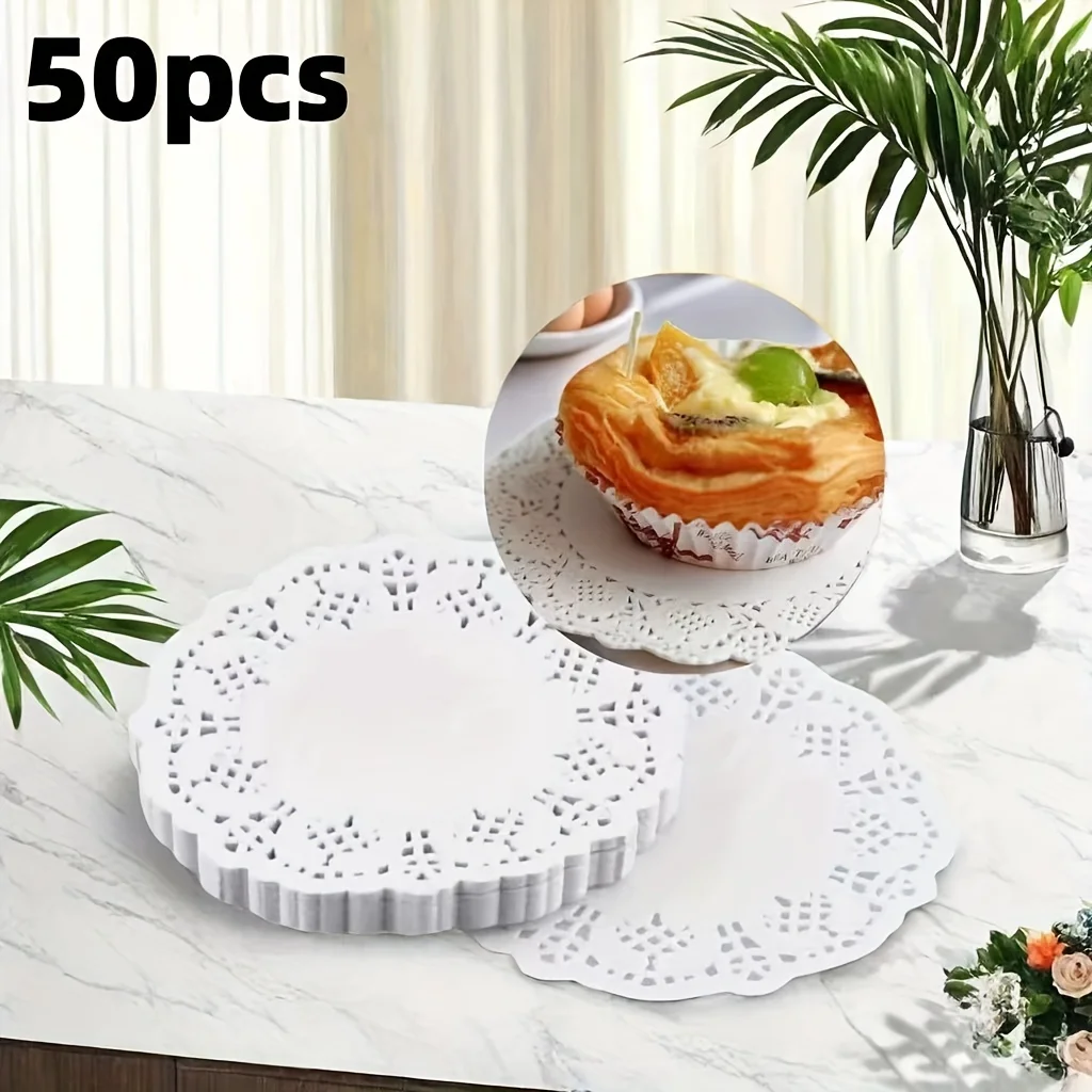 50/100 Stück Tischsets aus Papier mit Spitzenrand, Cupcake-Untersetzer für frittierte Speisen, Desserts, Partys, Hochzeiten, Tischdekoration, Küchen-Backutensilien – Detail 17
