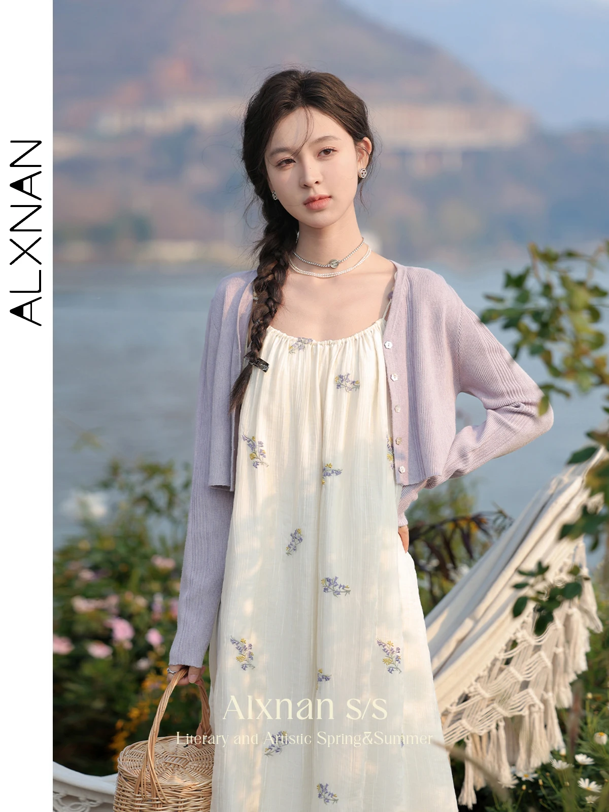 Alxnan elegante decote em v recortado cardigan para mulher 2024 primavera verão roxo malhas das mulheres outerwear roupas femininas l33770sy