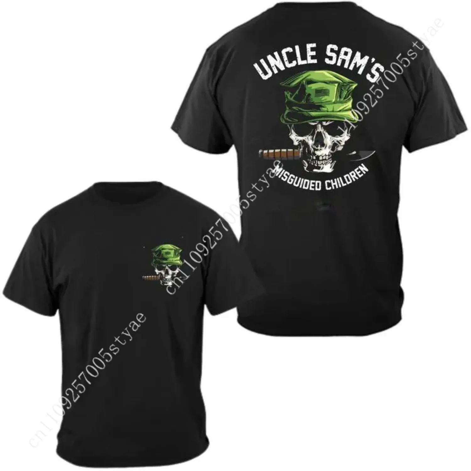 Uncle Sam's Misguided Children T-Shirt & Hoodie, 2 Sides Skull with Green Military Cap and Combat Knife Graphic, USMC Slang Trib